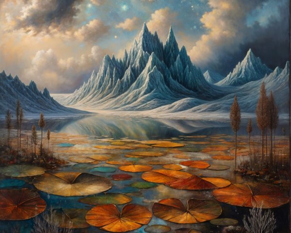 Tranquil lake with lily pads and majestic mountains