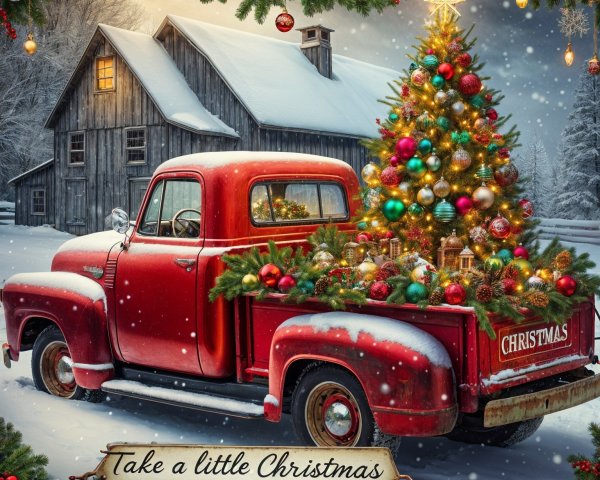 Vintage Red Truck with Christmas Tree in Snowy Scene