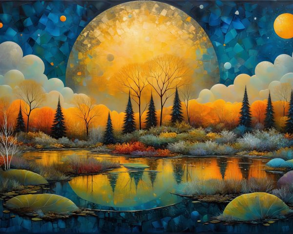 Vibrant Autumn Landscape with Celestial Sky and Water