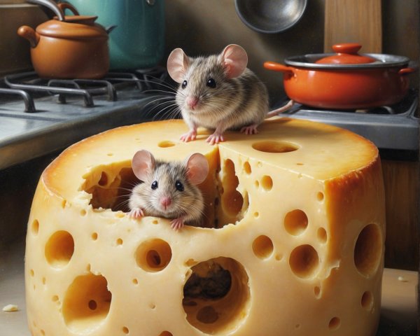 Cozy Kitchen with Mice and Cheese Wheel Scene