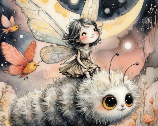Whimsical Scene of Girl with Butterfly Wings and Caterpillar