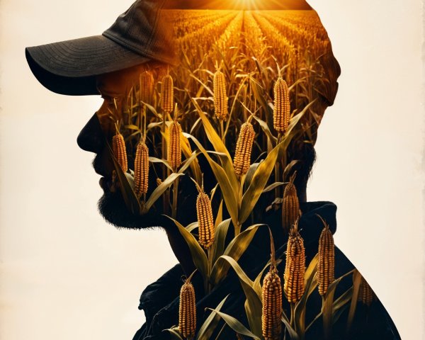 Silhouette with Cornfields at Sunset in Double Exposure