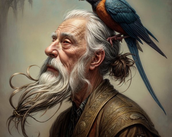 Wise Old Man with Colorful Bird and Intricate Robe