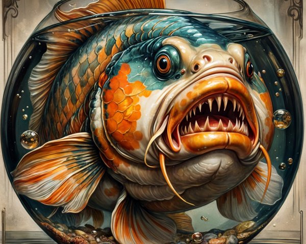 Oversized Goldfish in a Glass Bowl with Bubbles