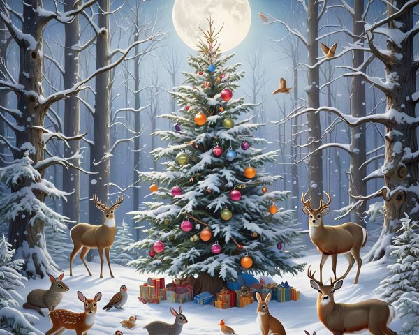 Winter Wonderland with Snowy Forest and Christmas Tree