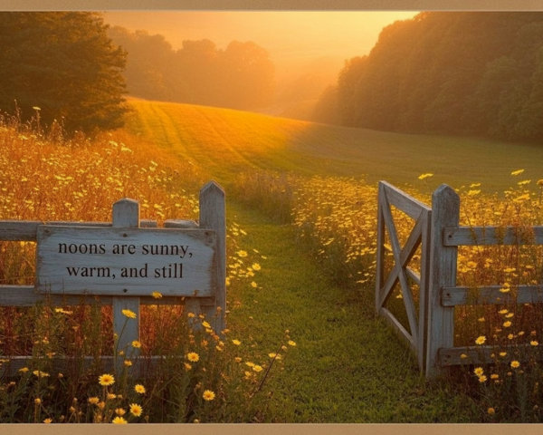 Serene Sunset Landscape with Wooden Gate and Wildflowers