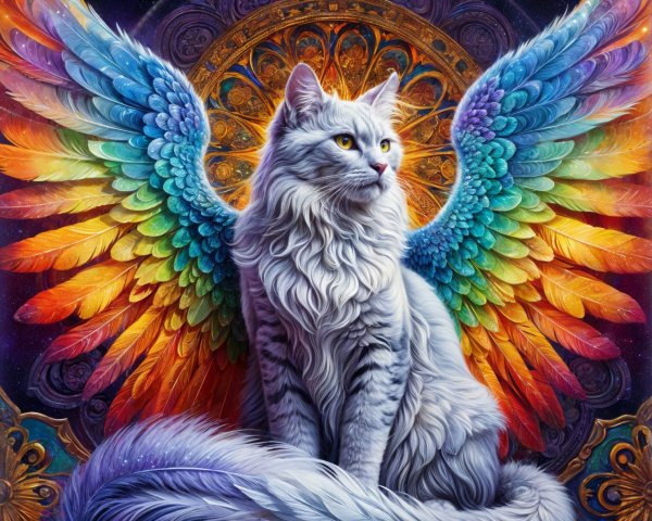 Majestic white cat with colorful feathered wings