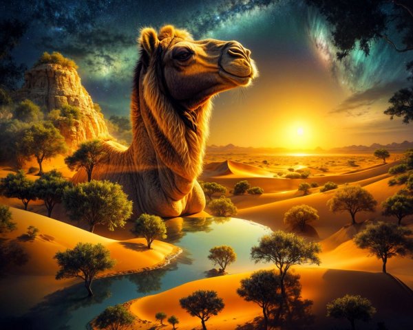 Camel in Desert Landscape at Sunset with Galaxy