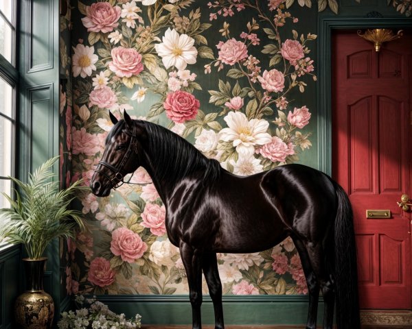Black Horse Against Floral Wallpaper and Red Door