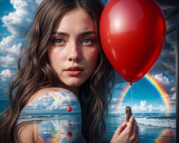 Young woman with red balloon in dreamy beach reflection
