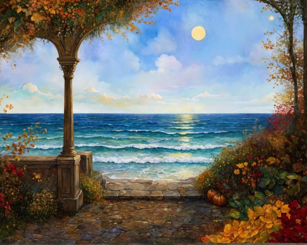 Coastal Scene with Autumn Foliage and Moonlit Sky