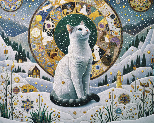 Winter Night Landscape with Cat and Mosaic Wheel