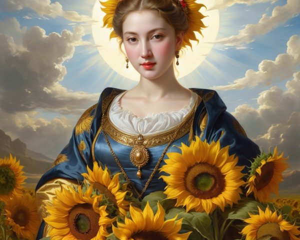 Serene Woman in Blue Gown Surrounded by Sunflowers