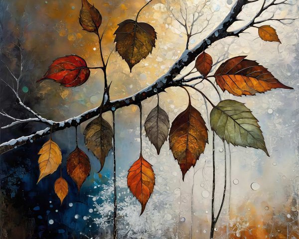 Abstract Square Painting of Snow-Covered Branch with Leaves
