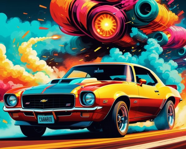 Vibrant Retro Scene with Classic Chevrolet Camaro