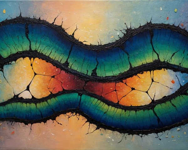 Abstract Painting with Wavy Blue and Green Bands