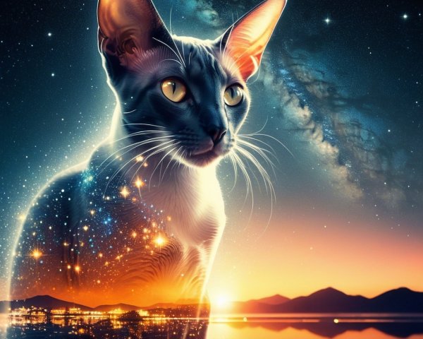 Majestic Cat Silhouette Against Cosmic Landscape