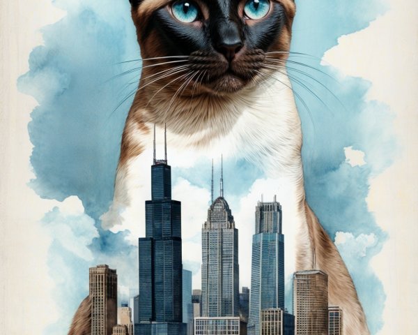 Siamese Cat with Blue Eyes Against City Skyline