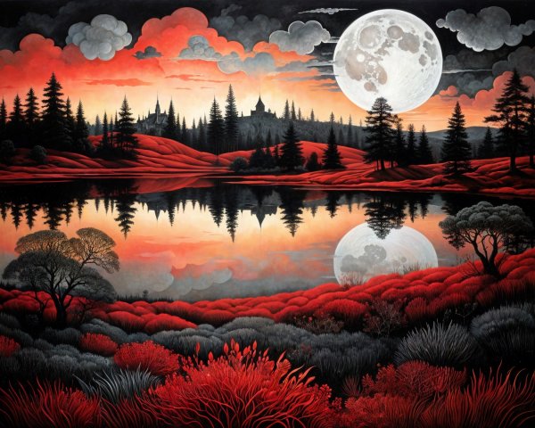 Surreal Landscape with Vibrant Sunset and Moonlit Lake