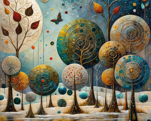 Whimsical Landscape with Abstract Trees and Moon