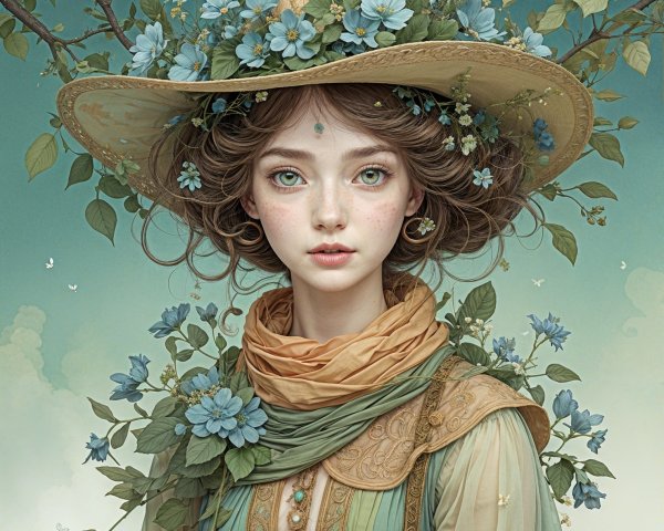 Young Woman in Straw Hat Surrounded by Nature's Beauty