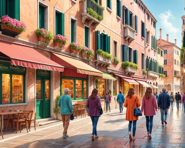 Charming Venetian Street with Pastel Buildings and Flowers