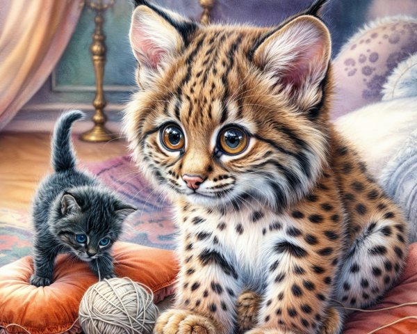 Baby lynx and kitten in a cozy indoor setting