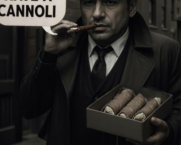 Man in Trench Coat Enjoys Cannoli in Alley Scene