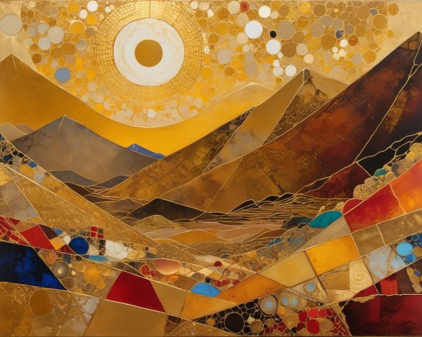 Abstract Landscape with Golden Mountains and Sun