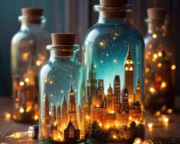 Glass Bottles with Miniature Cityscapes and Lights