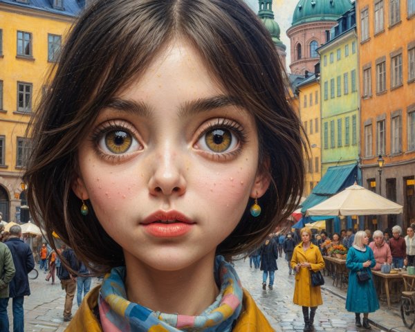 Vibrant Street Scene with Young Girl in Yellow Coat