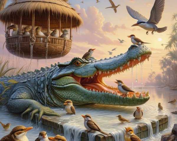 Crocodile in Swamp with Birds and Sunset Background