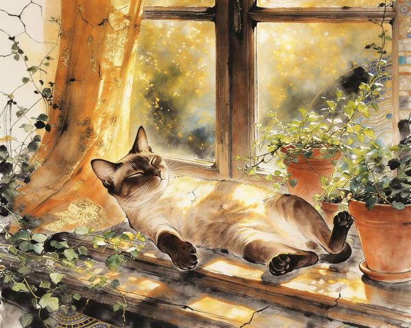 Fluffy Siamese Cat Relaxing on Window Sill in Sunlight