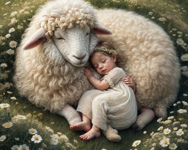 Serene Meadow with Sheep and Sleeping Child