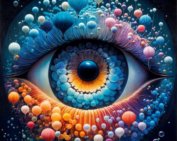 Surreal Eye Surrounded by Colorful Orbs and Balloons