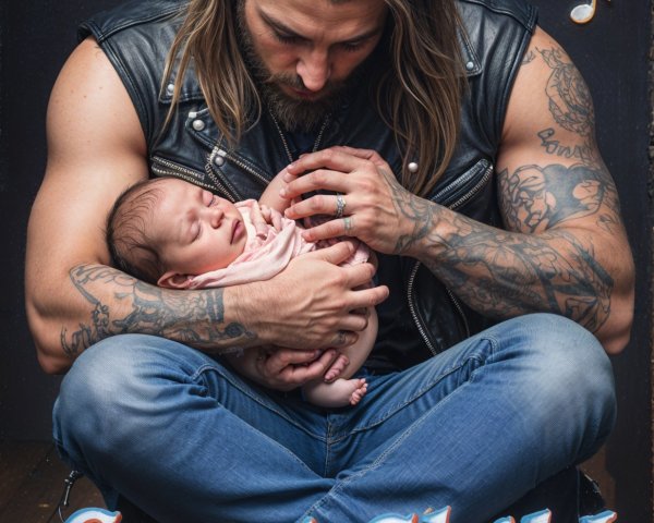Tattooed Man Holding Sleeping Baby on Wooden Floor