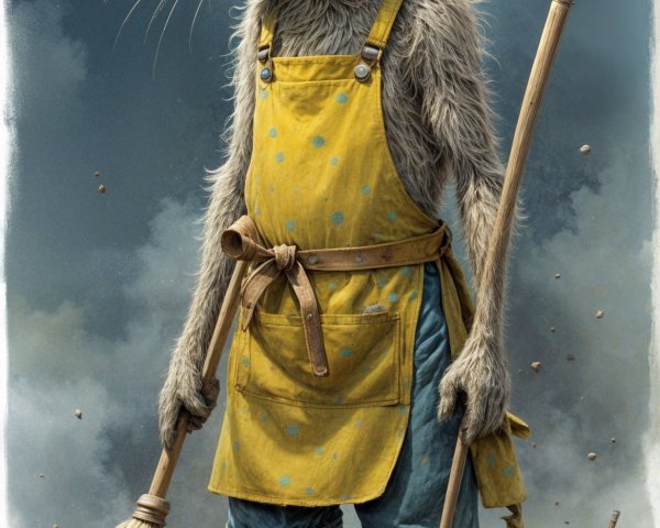 Whimsical Rabbit in Apron with Broom in Playful Scene