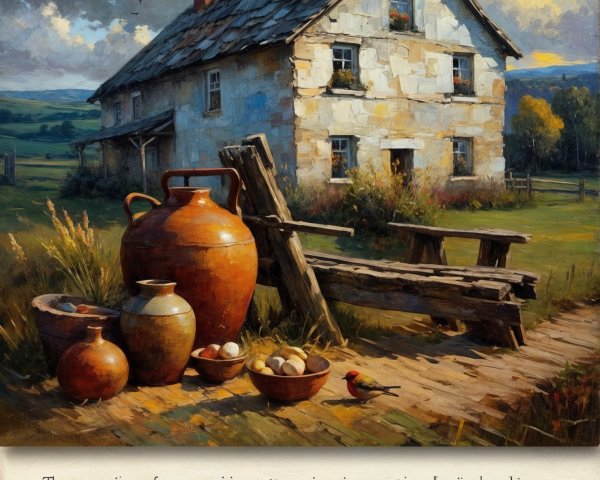 Rustic Countryside Scene with Cottage and Greenery