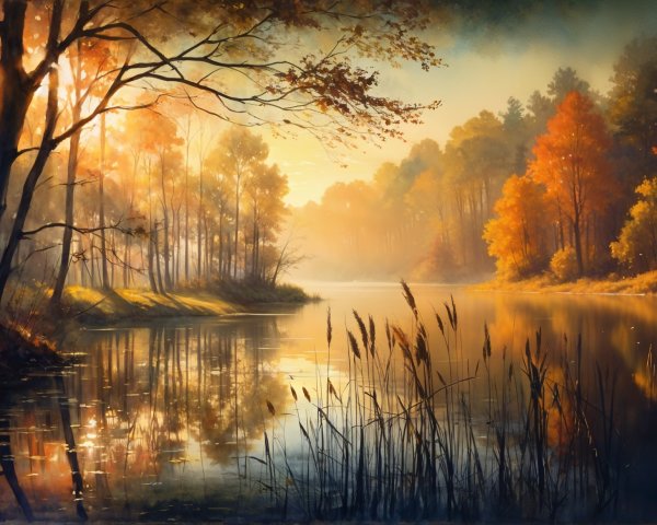 Autumn Landscape with Lake and Vibrant Foliage