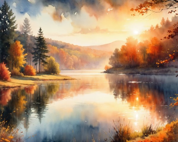 Tranquil Lake and Autumn Landscape at Sunset