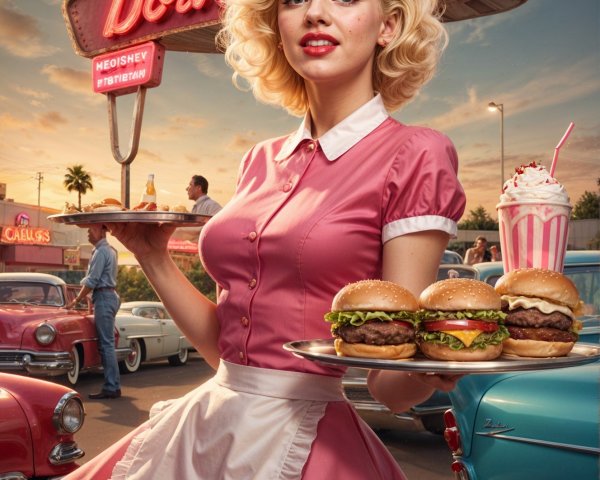 Retro Diner Scene with Waitress and Classic Cars
