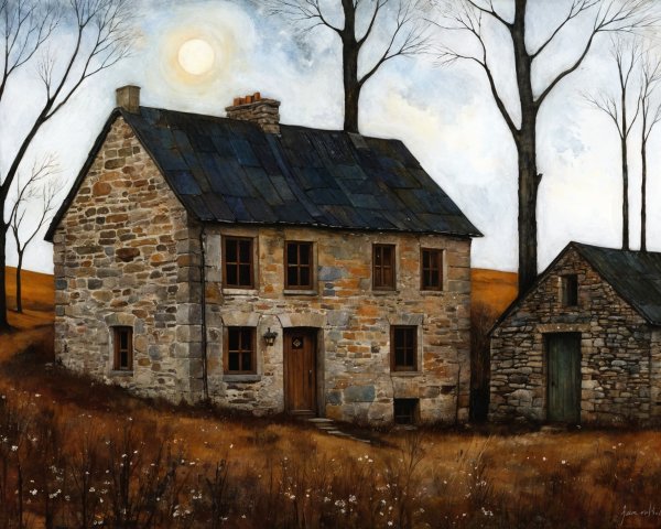 Rustic stone house in serene landscape with wildflowers