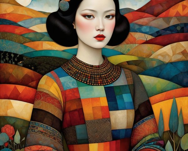 Portrait of a Woman in Colorful Dress and Scenic Landscape