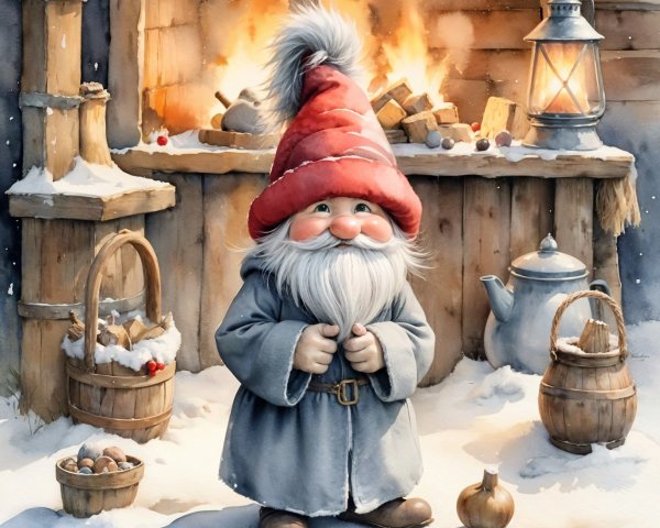 Cheerful Gnome by Fireplace in Cozy Winter Scene