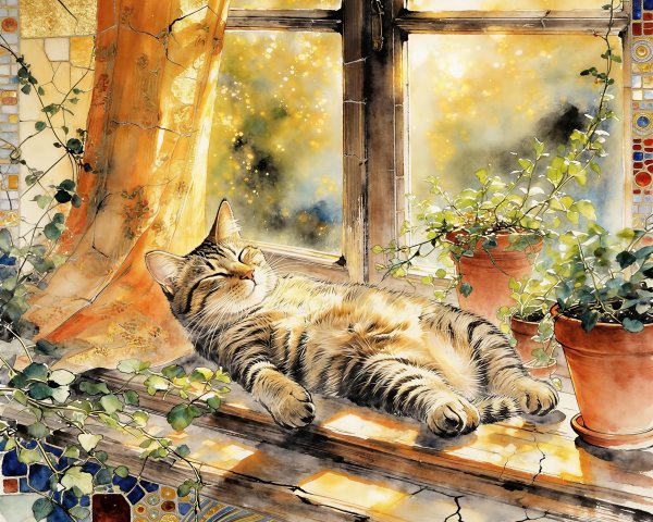 Watercolor of a Tabby Cat on a Sunny Windowsill