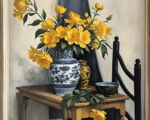 Vibrant Yellow Flowers in Blue and White Vase Still Life