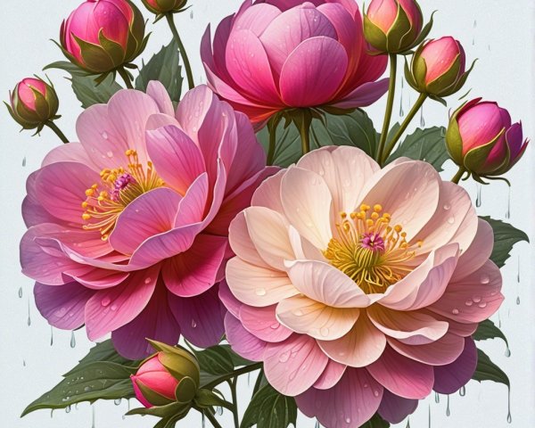 Vibrant bouquet of pink and cream peonies with buds