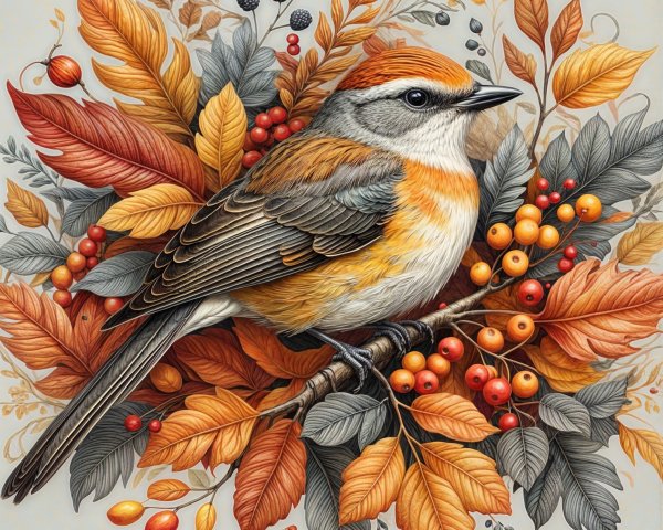 Illustration of a Bird Among Autumn Leaves and Berries