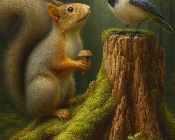 Realistic Oil Painting of Squirrel and Chickadee Scene