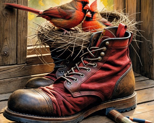 Worn Red Work Boots with Nest of Cardinals on Floor
